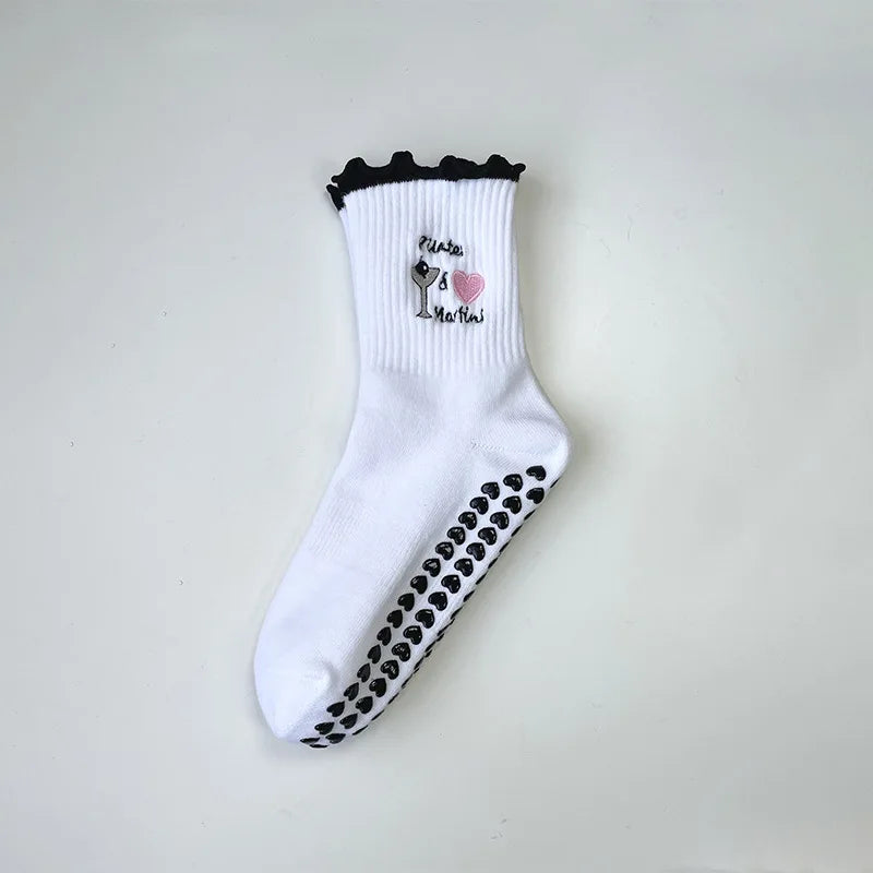 Elevate Your Yoga Practice with Stylish Cherry Embroidered Cotton Yoga Socks - Non-Slip Grip for Ultimate Comfort