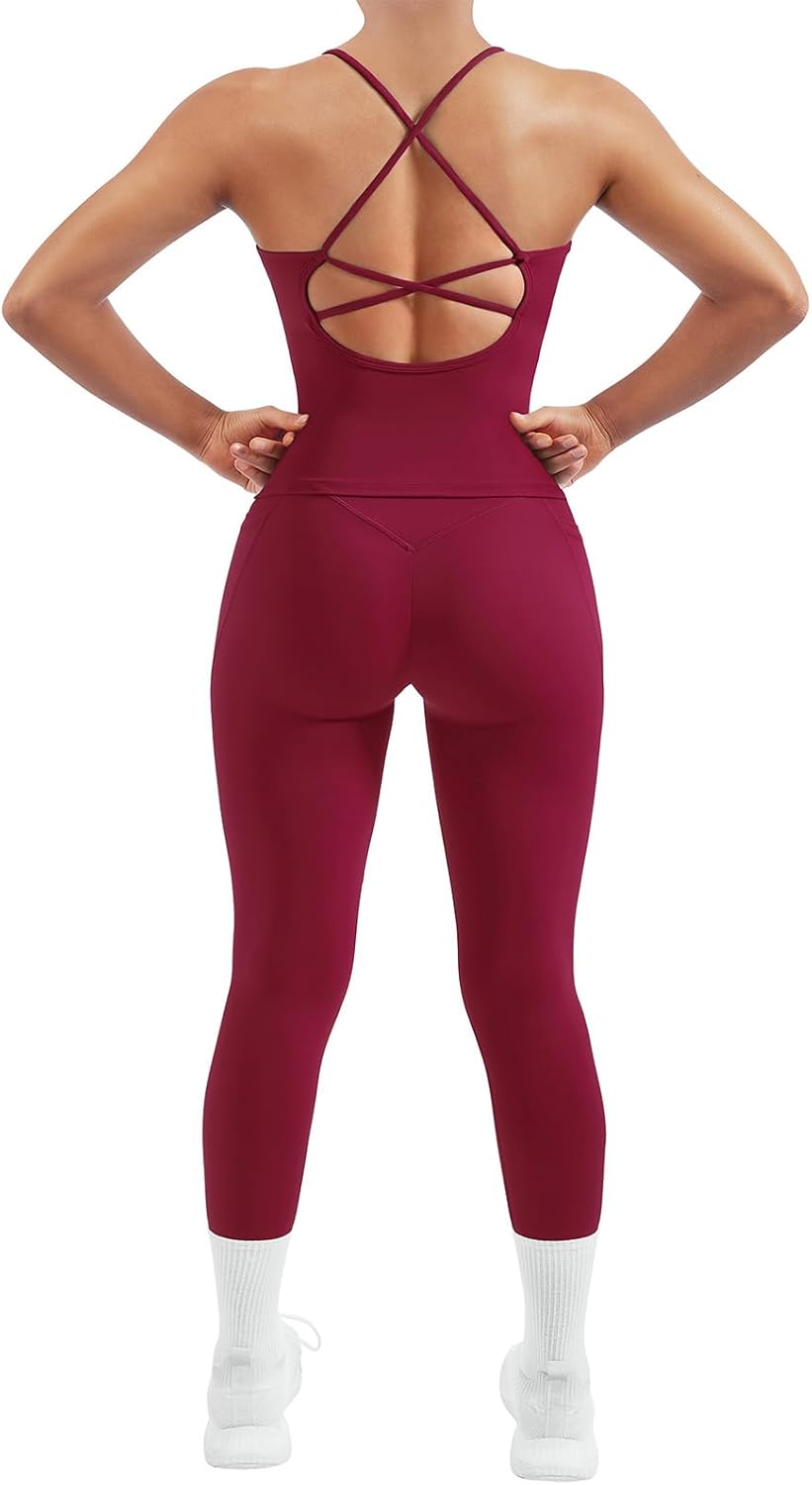 SUUKSESS Women 2 Piece Workout Sets Padded Tank Tops Tummy Control Leggings Gym Outfits