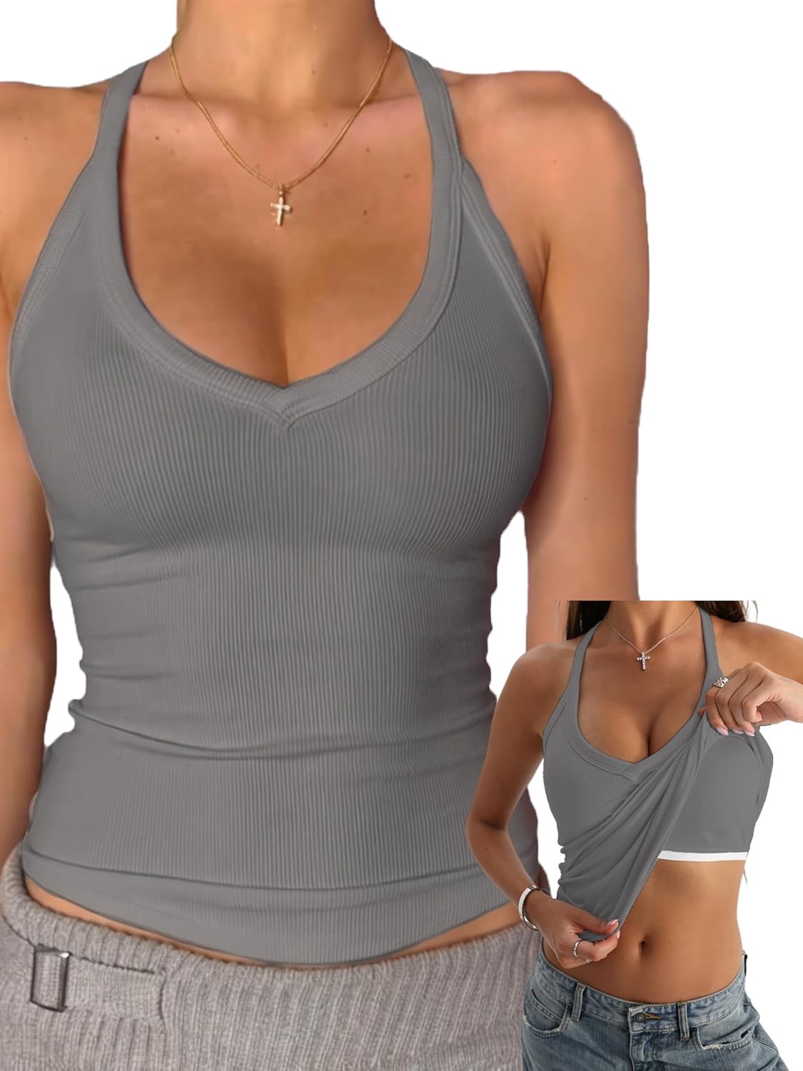 Danysu V Neck Cotton Tank Tops with Built-in Shelf Bra Sleeveless Racerback Fitted Basic Cami Shirts