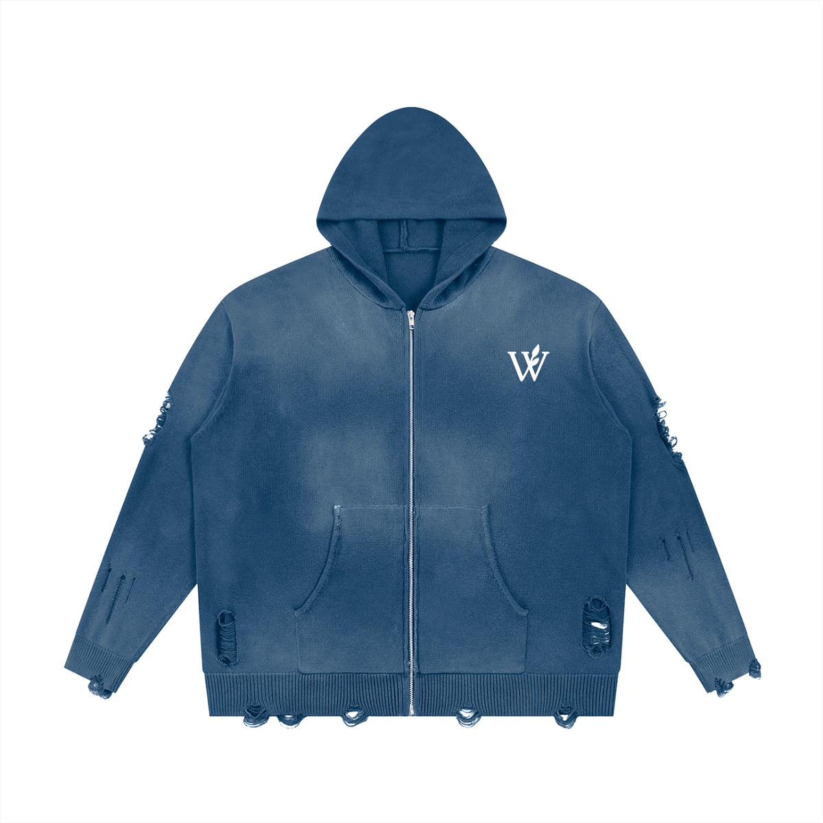 Unisex Distressed Full Zip Sweater