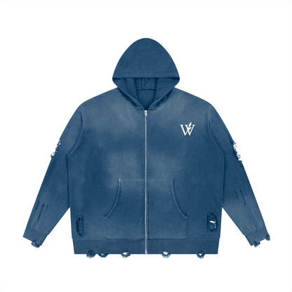 Unisex Distressed Full Zip Sweater