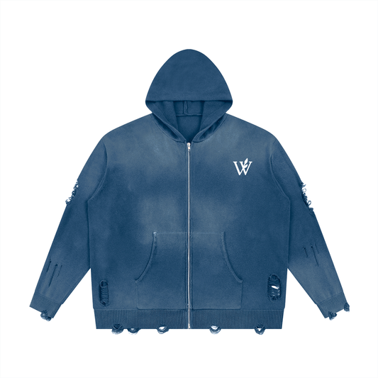 Unisex Distressed Full Zip Sweater