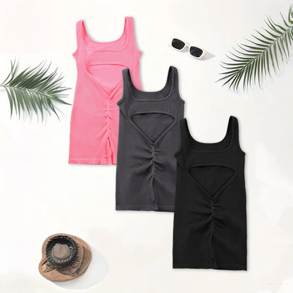 1PCS Backless Yoga Suit U Neck Sleeveless Sports Jumpsuit Solid Colour Threaded Stretch Women Bodysu...