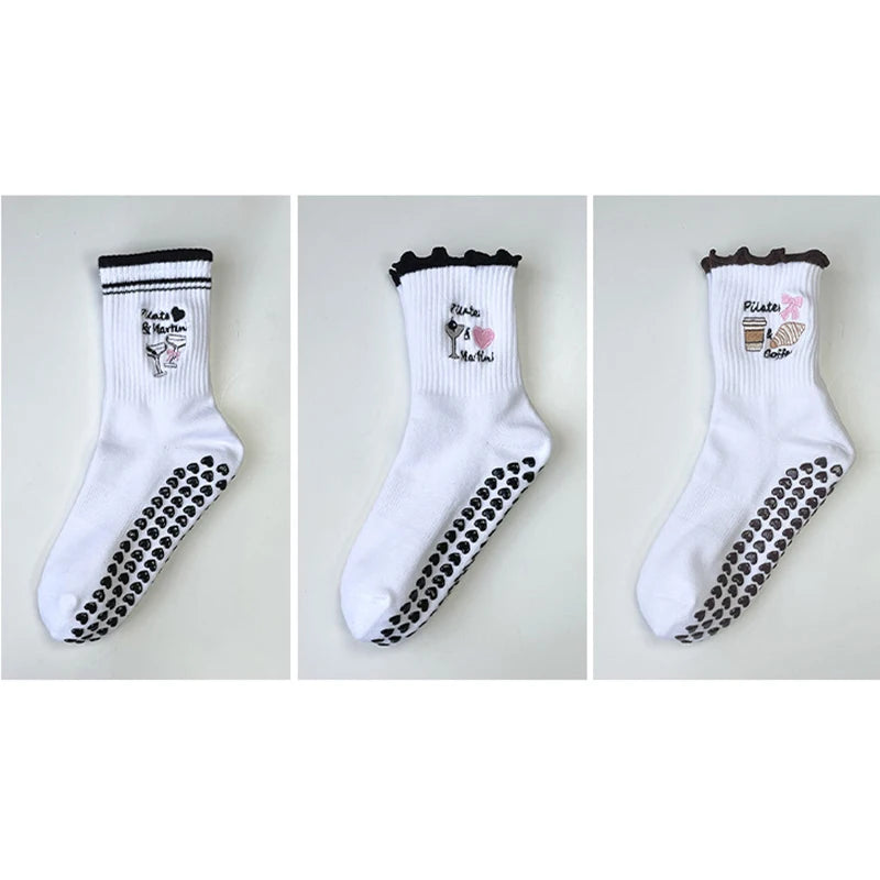 Elevate Your Yoga Practice with Stylish Cherry Embroidered Cotton Yoga Socks - Non-Slip Grip for Ultimate Comfort