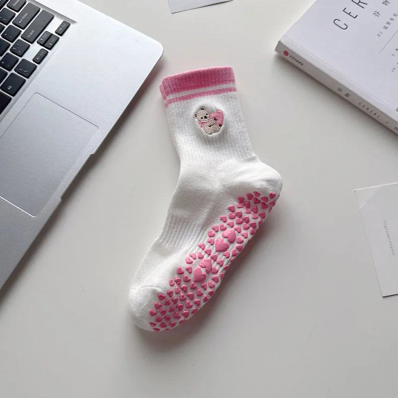 Elevate Your Yoga Practice with Stylish Cherry Embroidered Cotton Yoga Socks - Non-Slip Grip for Ultimate Comfort