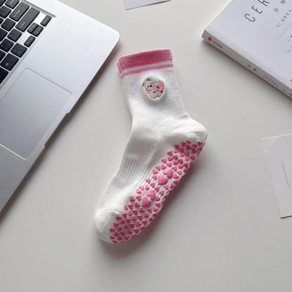 Elevate Your Yoga Practice with Stylish Cherry Embroidered Cotton Yoga Socks - Non-Slip Grip for Ultimate Comfort