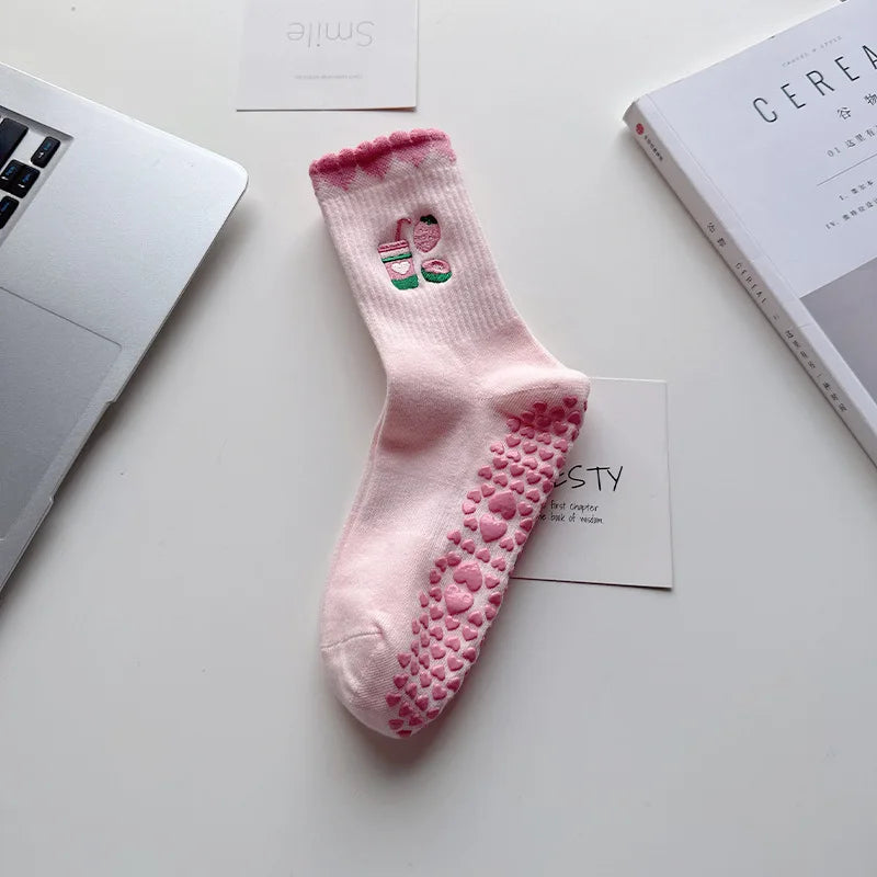 Elevate Your Yoga Practice with Stylish Cherry Embroidered Cotton Yoga Socks - Non-Slip Grip for Ultimate Comfort