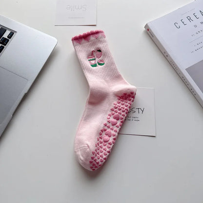 Elevate Your Yoga Practice with Stylish Cherry Embroidered Cotton Yoga Socks - Non-Slip Grip for Ultimate Comfort