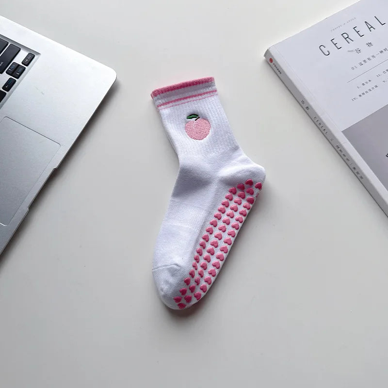 Elevate Your Yoga Practice with Stylish Cherry Embroidered Cotton Yoga Socks - Non-Slip Grip for Ultimate Comfort