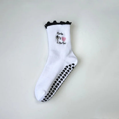 Elevate Your Yoga Practice with Stylish Cherry Embroidered Cotton Yoga Socks - Non-Slip Grip for Ultimate Comfort