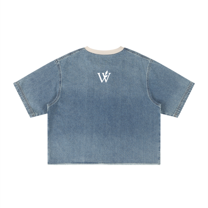 Unisex Vintage Wash Boxy Raw Hem Denim T-Shirt