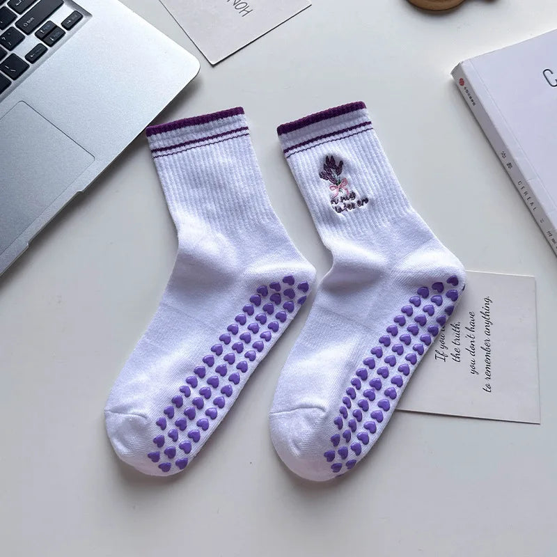 Elevate Your Yoga Practice with Stylish Cherry Embroidered Cotton Yoga Socks - Non-Slip Grip for Ultimate Comfort
