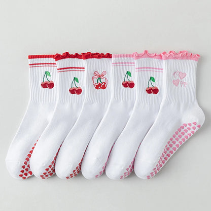 Elevate Your Yoga Practice with Stylish Cherry Embroidered Cotton Yoga Socks - Non-Slip Grip for Ultimate Comfort