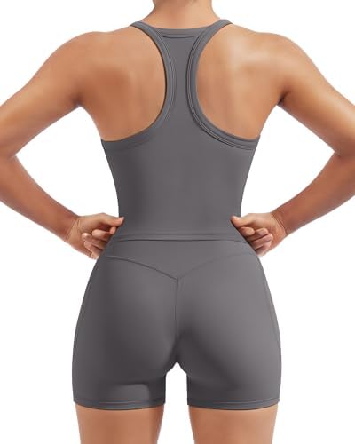SUUKSESS Women 2 Piece Workout Sets High Waisted Biker Shorts with Pockets Built in bra Racerback Tank Tops