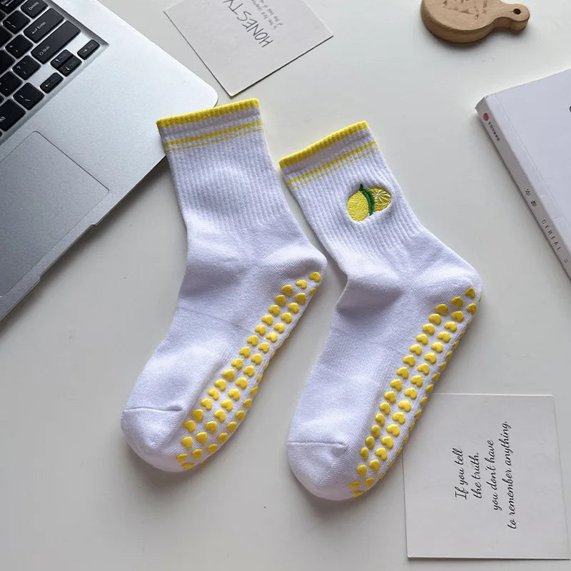 Elevate Your Yoga Practice with Stylish Cherry Embroidered Cotton Yoga Socks - Non-Slip Grip for Ultimate Comfort