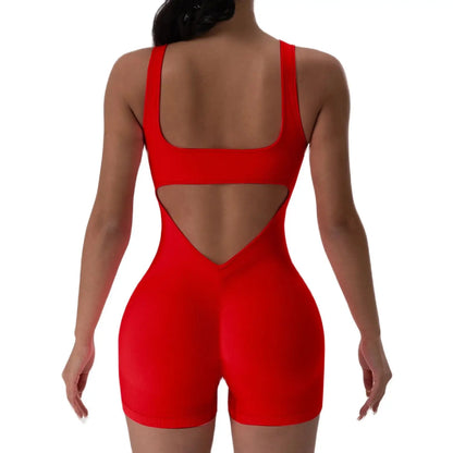 1PCS Backless Yoga Suit U Neck Sleeveless Sports Jumpsuit Solid Colour Threaded Stretch Women Bodysu...