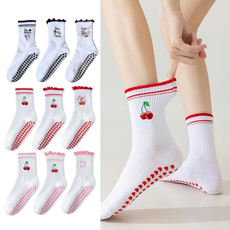 Elevate Your Yoga Practice with Stylish Cherry Embroidered Cotton Yoga Socks - Non-Slip Grip for Ultimate Comfort