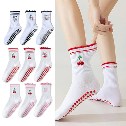 Elevate Your Yoga Practice with Stylish Cherry Embroidered Cotton Yoga Socks - Non-Slip Grip for Ultimate Comfort