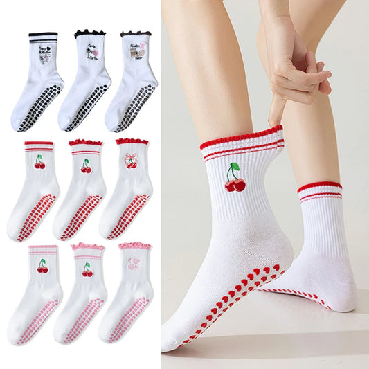 Elevate Your Yoga Practice with Stylish Cherry Embroidered Cotton Yoga Socks - Non-Slip Grip for Ultimate Comfort