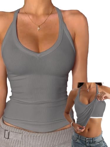 Danysu V Neck Cotton Tank Tops with Built-in Shelf Bra Sleeveless Racerback Fitted Basic Cami Shirts