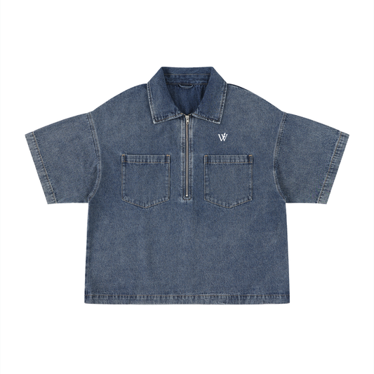 Unisex Vintage Wash Boxy Quarter-Zip Denim Shirt