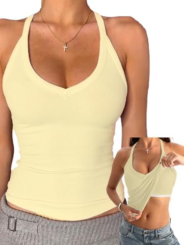 Danysu V Neck Cotton Tank Tops with Built-in Shelf Bra Sleeveless Racerback Fitted Basic Cami Shirts