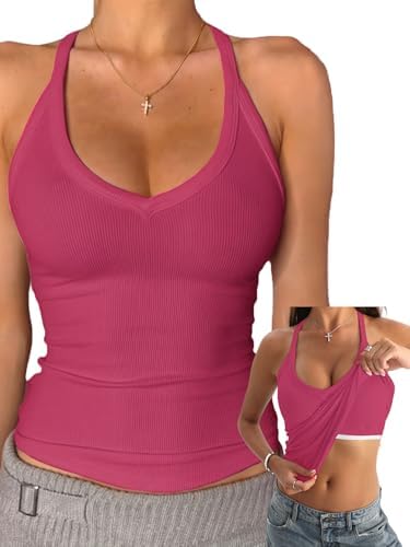 Danysu V Neck Cotton Tank Tops with Built-in Shelf Bra Sleeveless Racerback Fitted Basic Cami Shirts