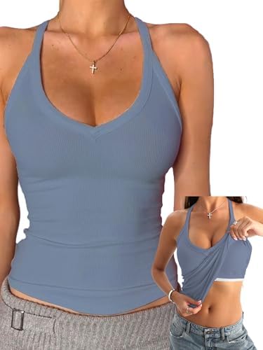 Danysu V Neck Cotton Tank Tops with Built-in Shelf Bra Sleeveless Racerback Fitted Basic Cami Shirts