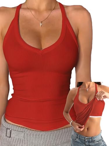 Danysu V Neck Cotton Tank Tops with Built-in Shelf Bra Sleeveless Racerback Fitted Basic Cami Shirts