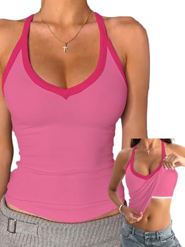 Danysu V Neck Cotton Tank Tops with Built-in Shelf Bra Sleeveless Racerback Fitted Basic Cami Shirts