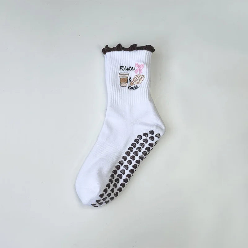 Elevate Your Yoga Practice with Stylish Cherry Embroidered Cotton Yoga Socks - Non-Slip Grip for Ultimate Comfort