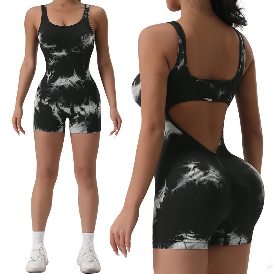1PCS Backless Yoga Suit U Neck Sleeveless Sports Jumpsuit Solid Colour Threaded Stretch Women Bodysu...