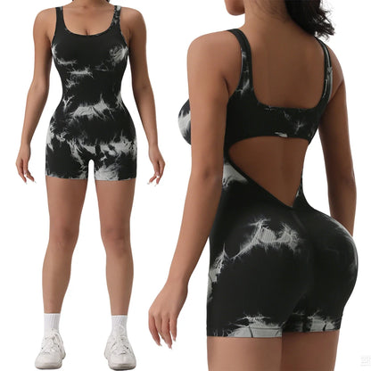 1PCS Backless Yoga Suit U Neck Sleeveless Sports Jumpsuit Solid Colour Threaded Stretch Women Bodysu...