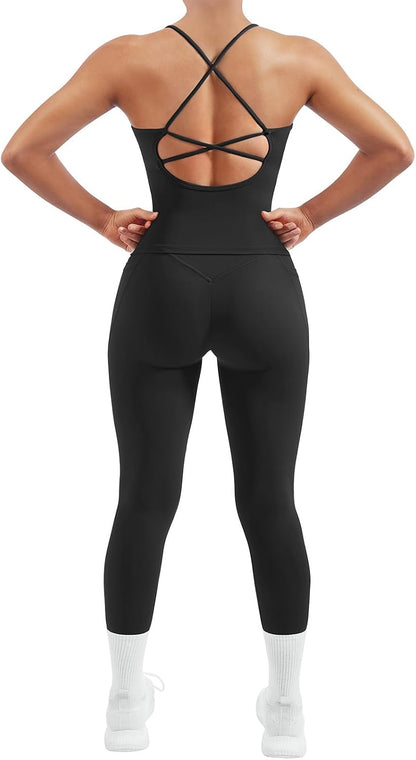 SUUKSESS Women 2 Piece Workout Sets Padded Tank Tops Tummy Control Leggings Gym Outfits