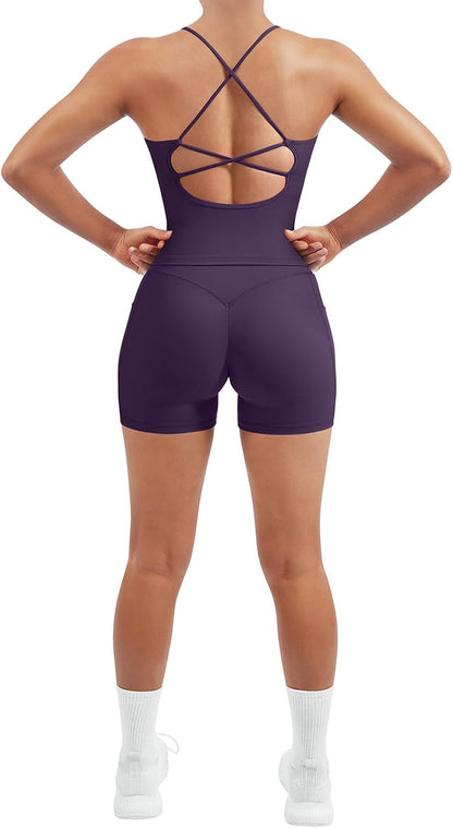 SUUKSESS Women 2 Piece Workout Sets Padded Tank Tops Tummy Control Leggings Gym Outfits
