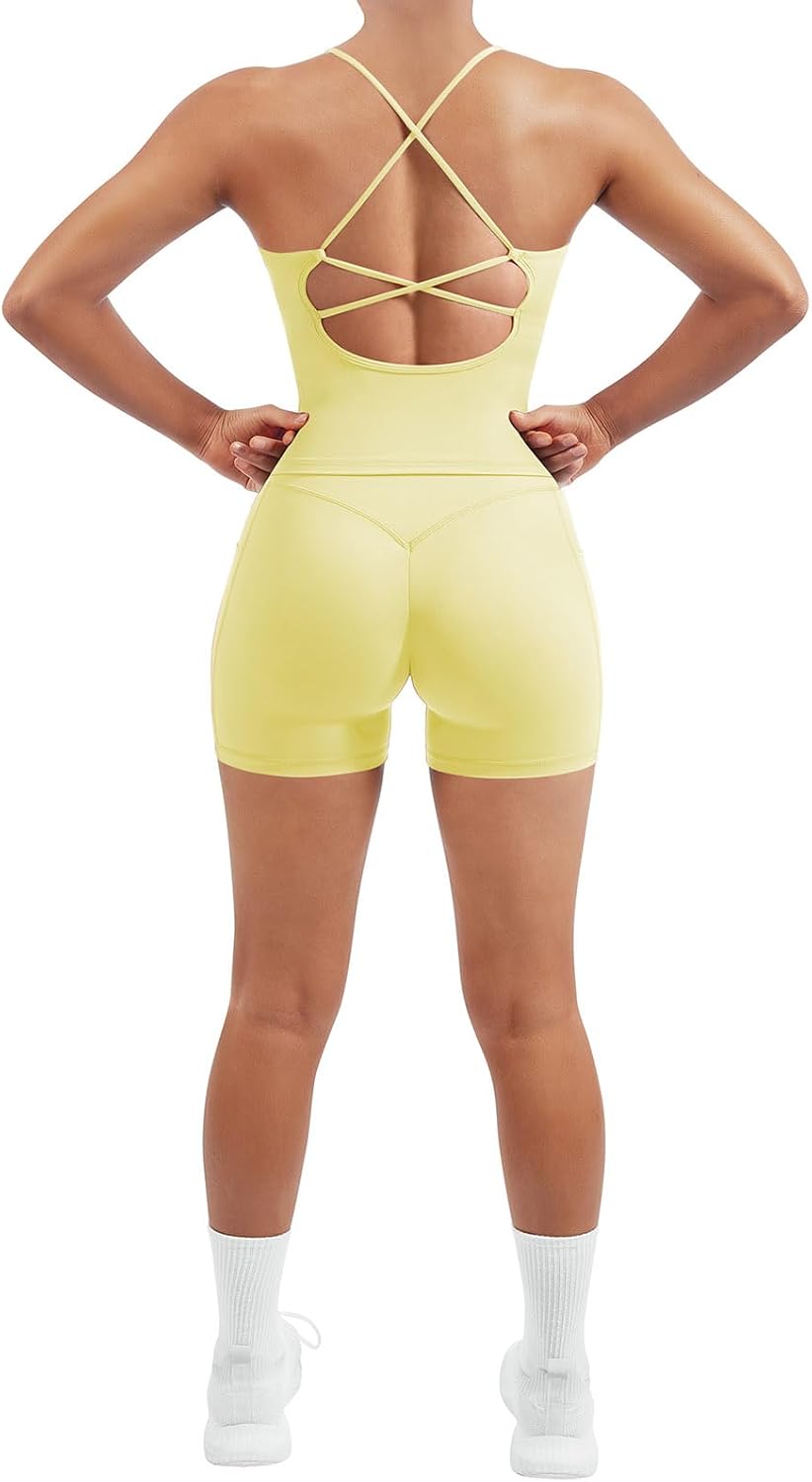SUUKSESS Women 2 Piece Workout Sets Padded Tank Tops Tummy Control Leggings Gym Outfits