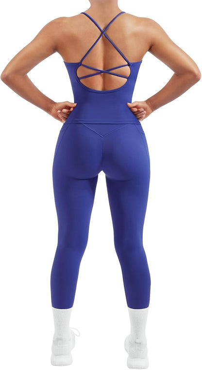 SUUKSESS Women 2 Piece Workout Sets Padded Tank Tops Tummy Control Leggings Gym Outfits