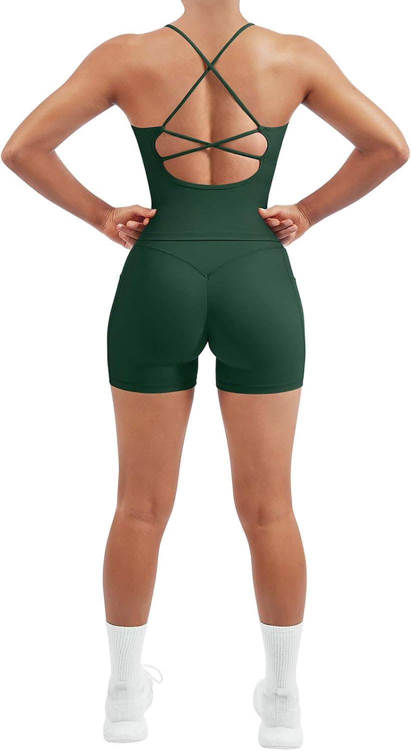 SUUKSESS Women 2 Piece Workout Sets Padded Tank Tops Tummy Control Leggings Gym Outfits