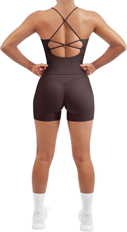 SUUKSESS Women 2 Piece Workout Sets Padded Tank Tops Tummy Control Leggings Gym Outfits