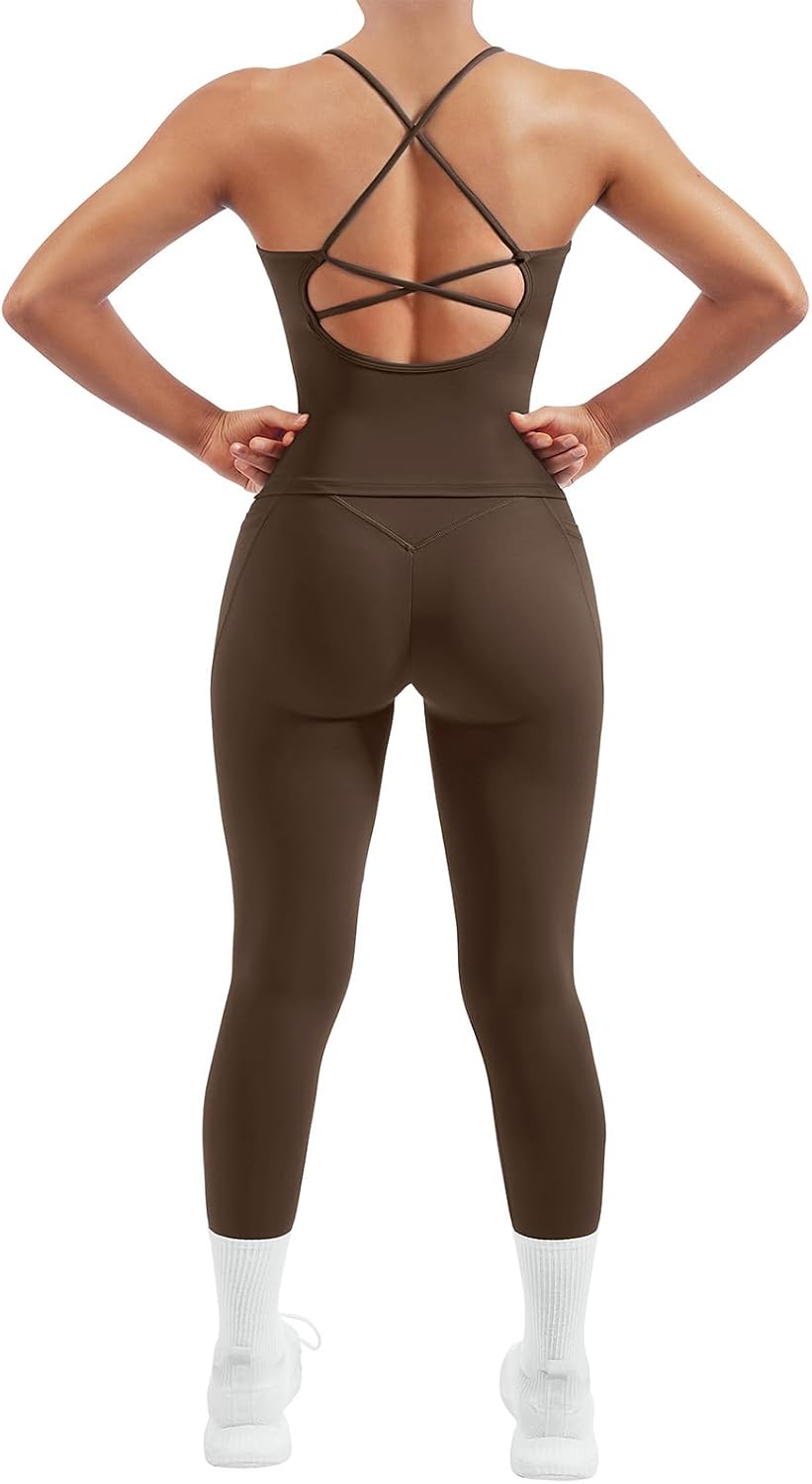 SUUKSESS Women 2 Piece Workout Sets Padded Tank Tops Tummy Control Leggings Gym Outfits