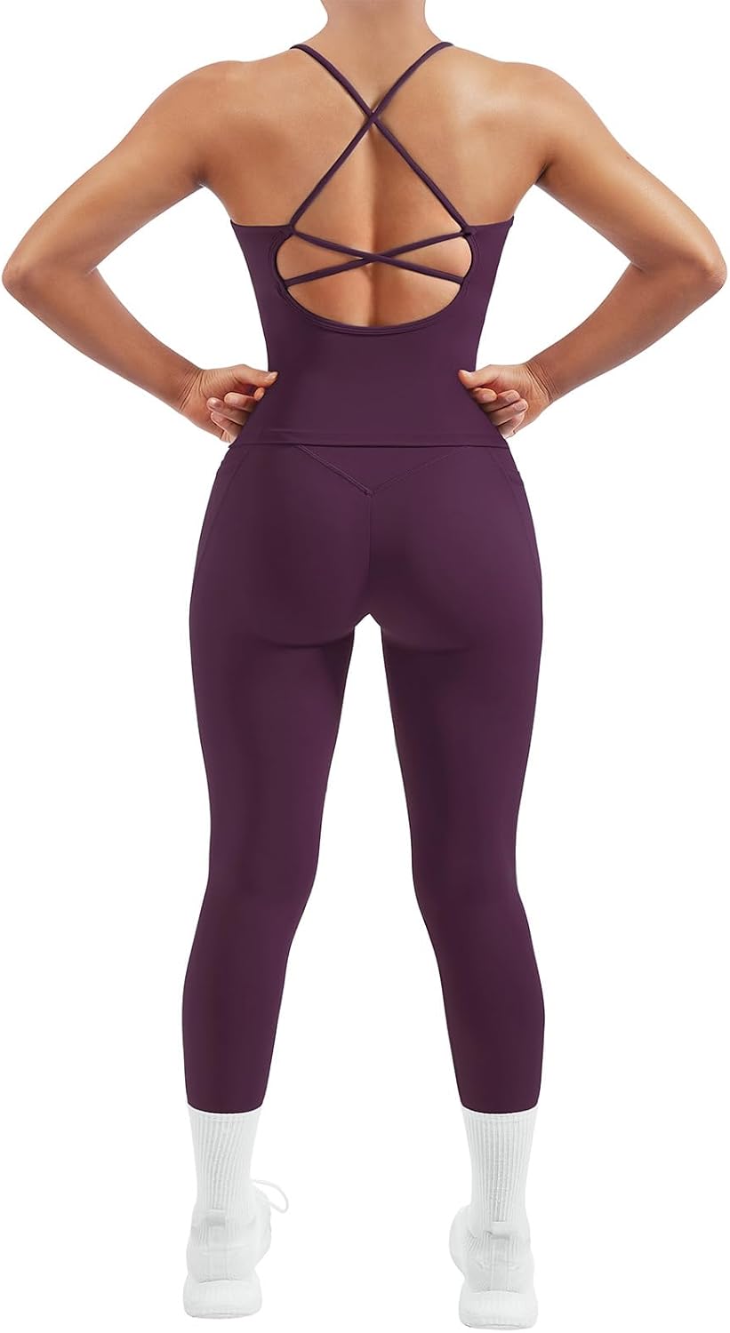 SUUKSESS Women 2 Piece Workout Sets Padded Tank Tops Tummy Control Leggings Gym Outfits