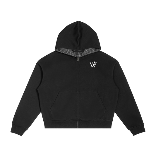 Contrast Plaid Boxy Zip Hoodie