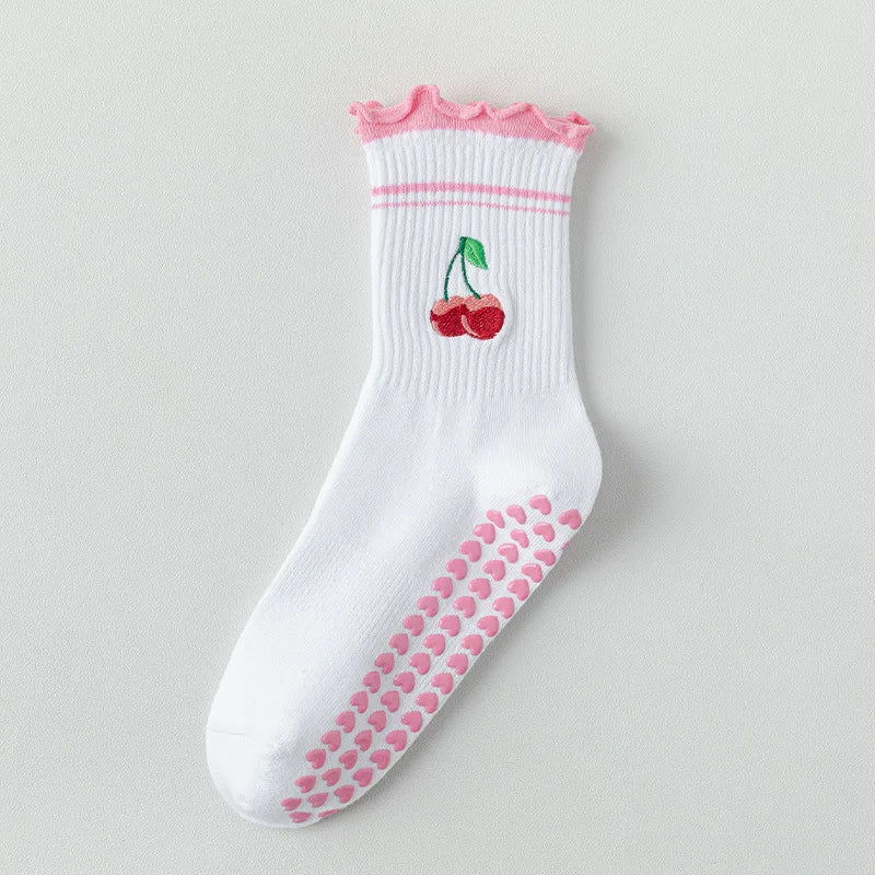 Elevate Your Yoga Practice with Stylish Cherry Embroidered Cotton Yoga Socks - Non-Slip Grip for Ultimate Comfort