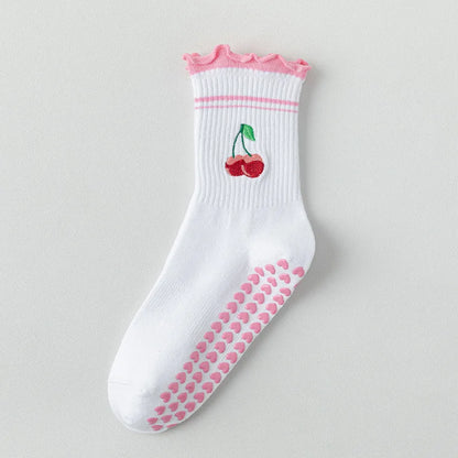Elevate Your Yoga Practice with Stylish Cherry Embroidered Cotton Yoga Socks - Non-Slip Grip for Ultimate Comfort