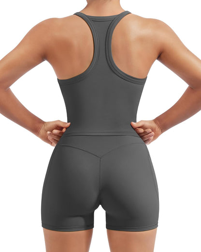 SUUKSESS Women 2 Piece Workout Sets High Waisted Biker Shorts with Pockets Built in bra Racerback Tank Tops