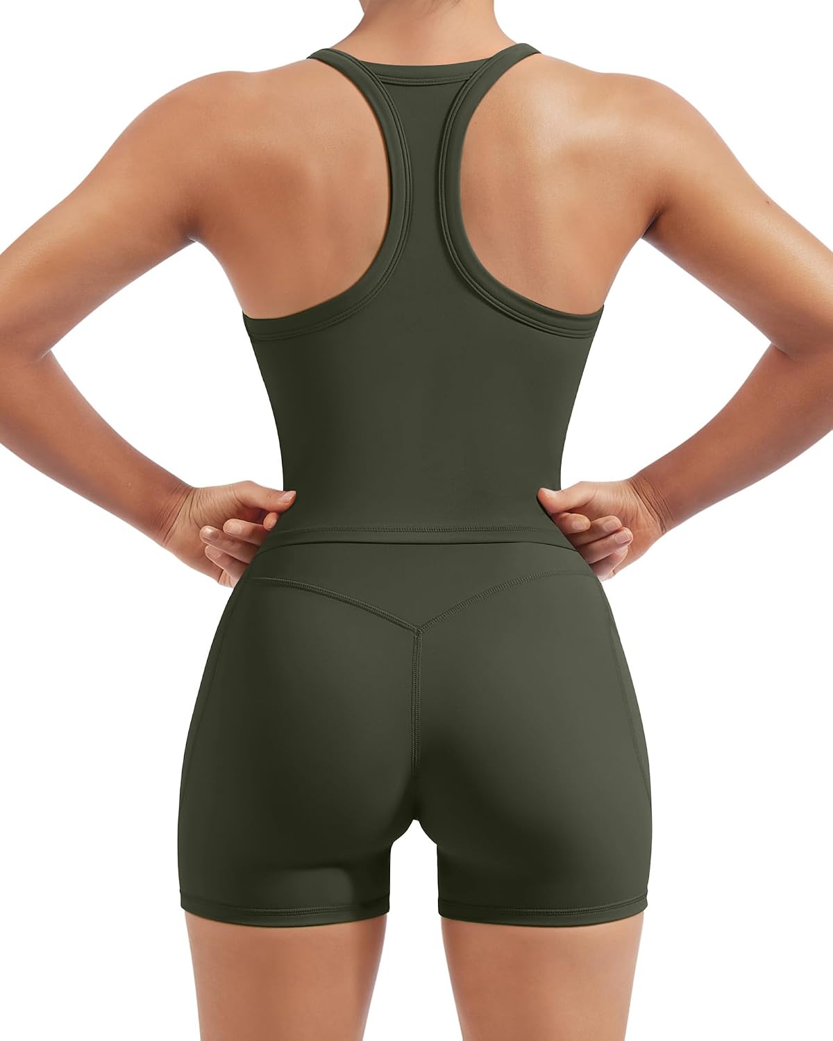 SUUKSESS Women 2 Piece Workout Sets High Waisted Biker Shorts with Pockets Built in bra Racerback Tank Tops