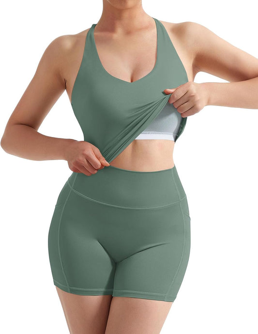 SUUKSESS Women 2 Piece Workout Sets Padded Tank Tops Tummy Control Leggings Gym Outfits