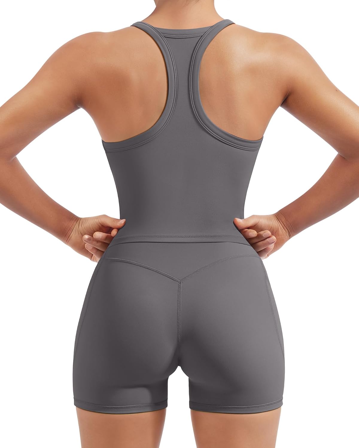 SUUKSESS Women 2 Piece Workout Sets High Waisted Biker Shorts with Pockets Built in bra Racerback Tank Tops