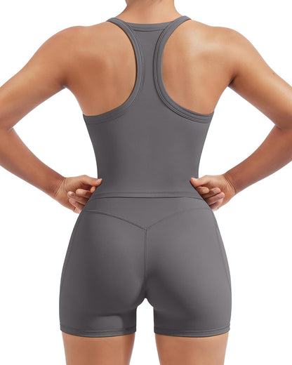 SUUKSESS Women 2 Piece Workout Sets High Waisted Biker Shorts with Pockets Built in bra Racerback Tank Tops