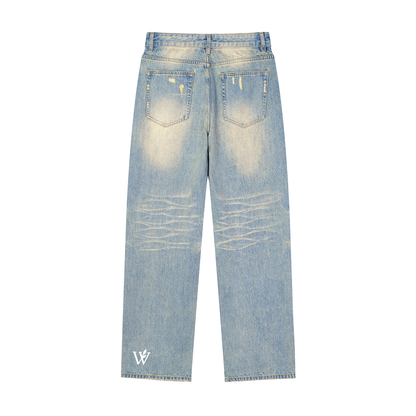 Sun Fade Raw Hem Denim Jeans